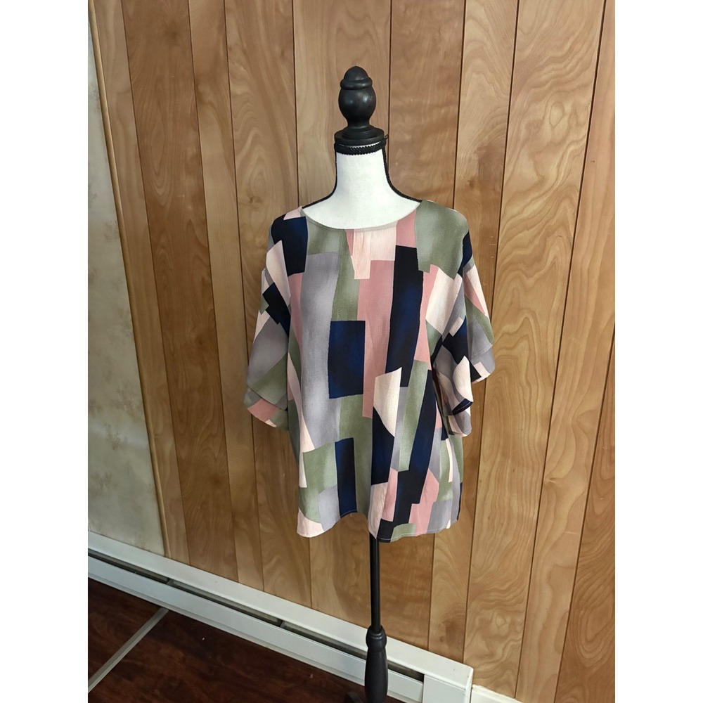 Bobeau Womens Geometric Colorblock Flutter Sleeve Blouse Sage Rose Navy Small